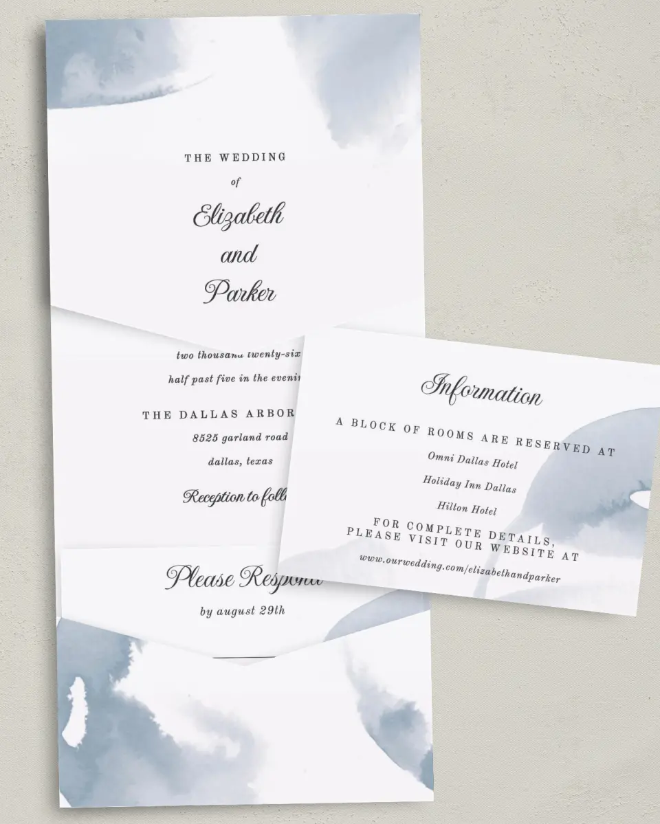 This is a 5¼" x 7¼" Folded Pocket Wedding Invitation called Painted Majesty printed in full color with Gold foil on Luxe Satin (coated) paper