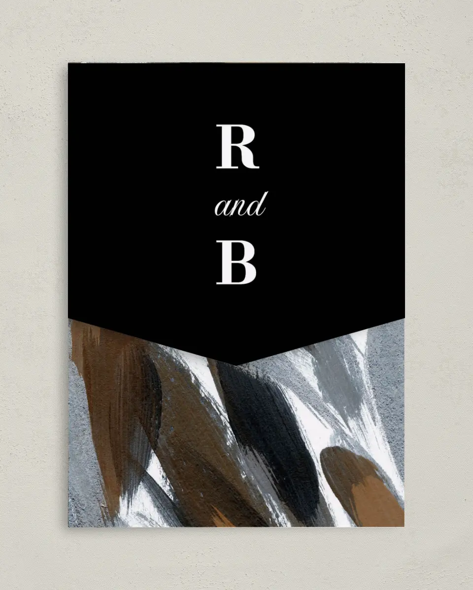 This is a 5¼" x 7¼" Folded Pocket Wedding Invitation called Moody Swashes printed in full color on Premium Smooth paper