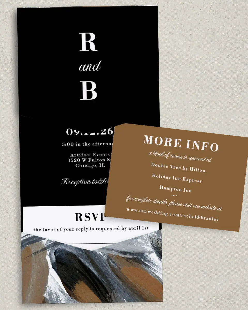 This is a 5¼" x 7¼" Folded Pocket Wedding Invitation called Moody Swashes printed in full color with Gold foil on Luxe Satin (coated) paper