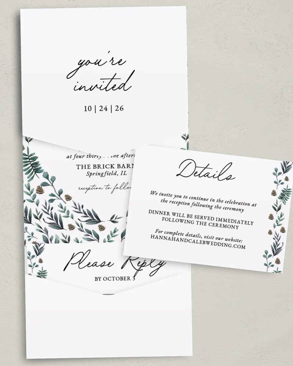 This is a 5¼" x 7¼" Folded Pocket Wedding Invitation called Pinecone Allure printed in full color with Gold foil on Luxe Satin (coated) paper
