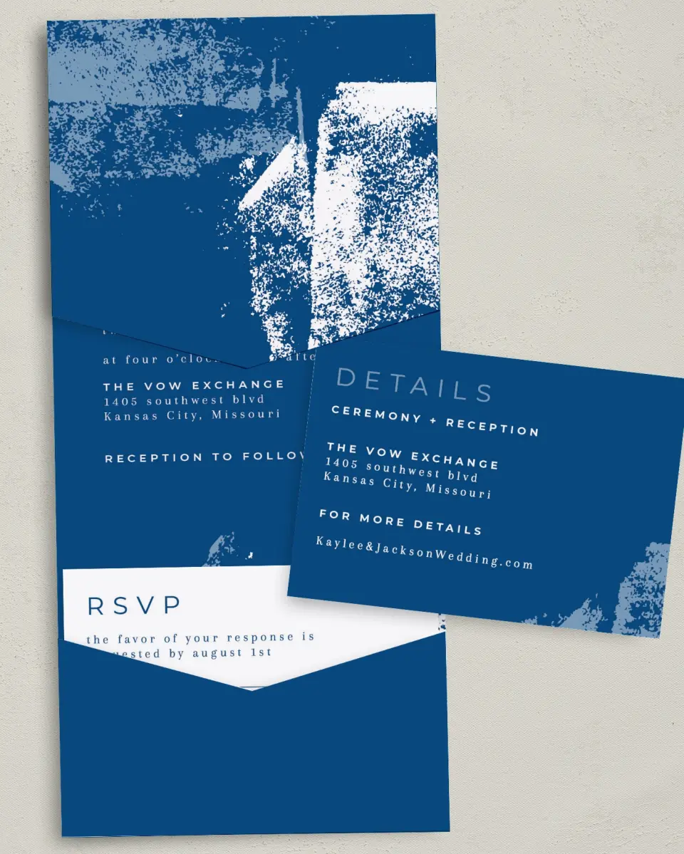 This is a 5¼" x 7¼" Folded Pocket Wedding Invitation called Set in Stone printed in full color with Gold foil on Luxe Satin (coated) paper