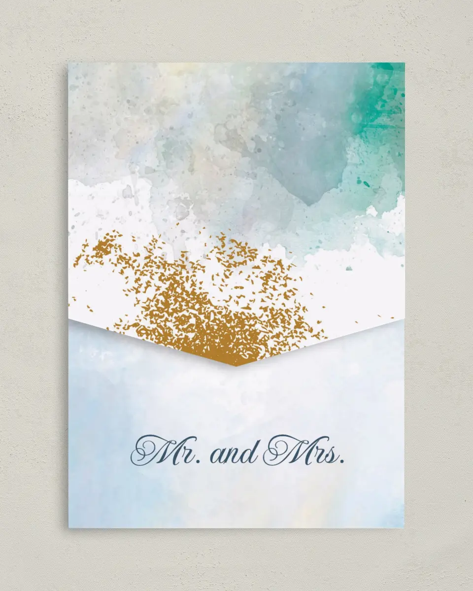 This is a 5¼" x 7¼" Folded Pocket Wedding Invitation called Dreamy Sky printed in full color on Premium Smooth paper