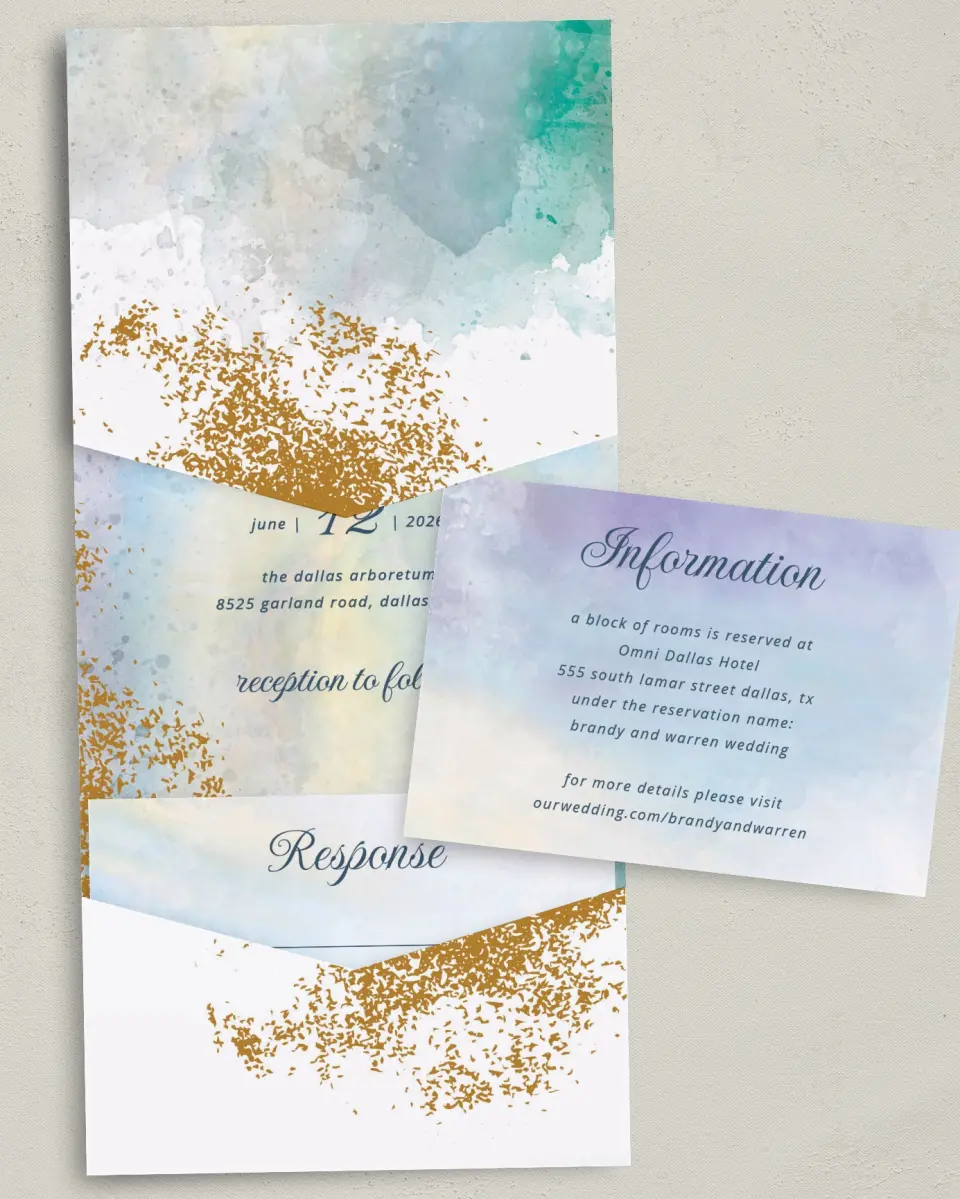 This is a 5¼" x 7¼" Folded Pocket Wedding Invitation called Dreamy Sky printed in full color with Gold foil on Luxe Satin (coated) paper