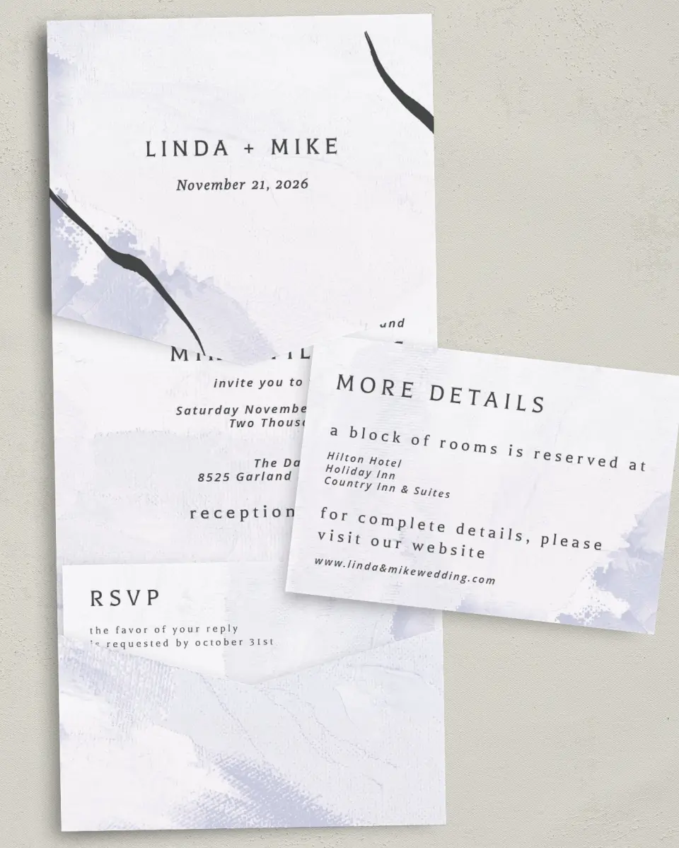 This is a 5¼" x 7¼" Folded Pocket Wedding Invitation called Gilded Marble printed in full color with Gold foil on Luxe Satin (coated) paper