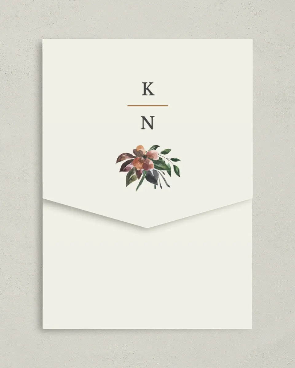 This is a 5¼" x 7¼" Folded Pocket Wedding Invitation called Golden Blooms printed in full color on Premium Smooth paper