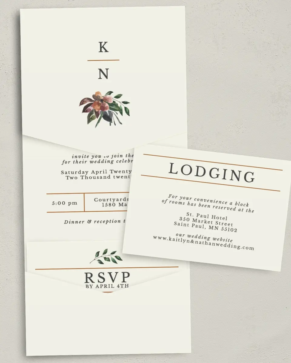 This is a 5¼" x 7¼" Folded Pocket Wedding Invitation called Golden Blooms printed in full color with Gold foil on Luxe Satin (coated) paper
