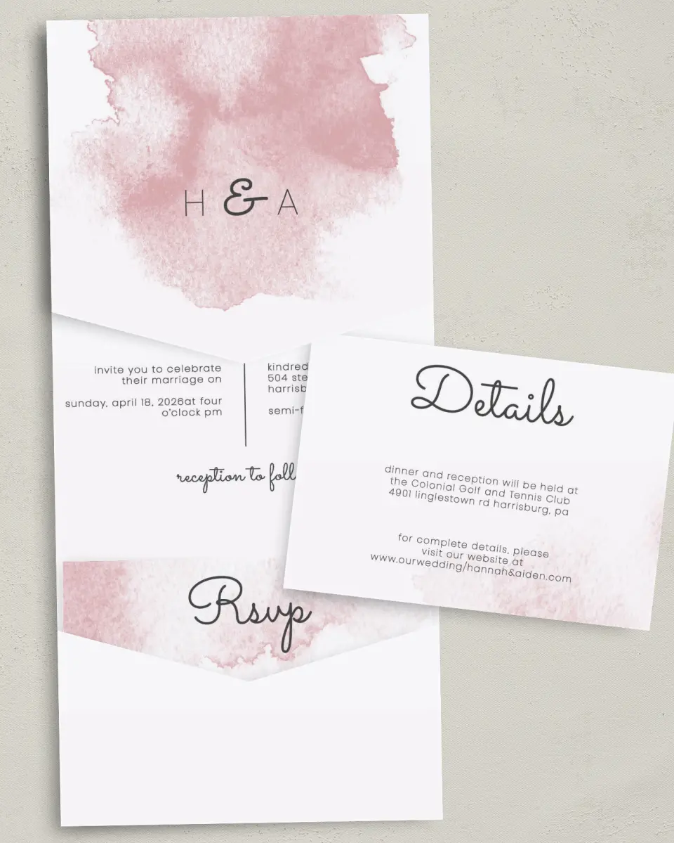 This is a 5¼" x 7¼" Folded Pocket Wedding Invitation called Watercolor Rapture printed in full color with Gold foil on Luxe Satin (coated) paper