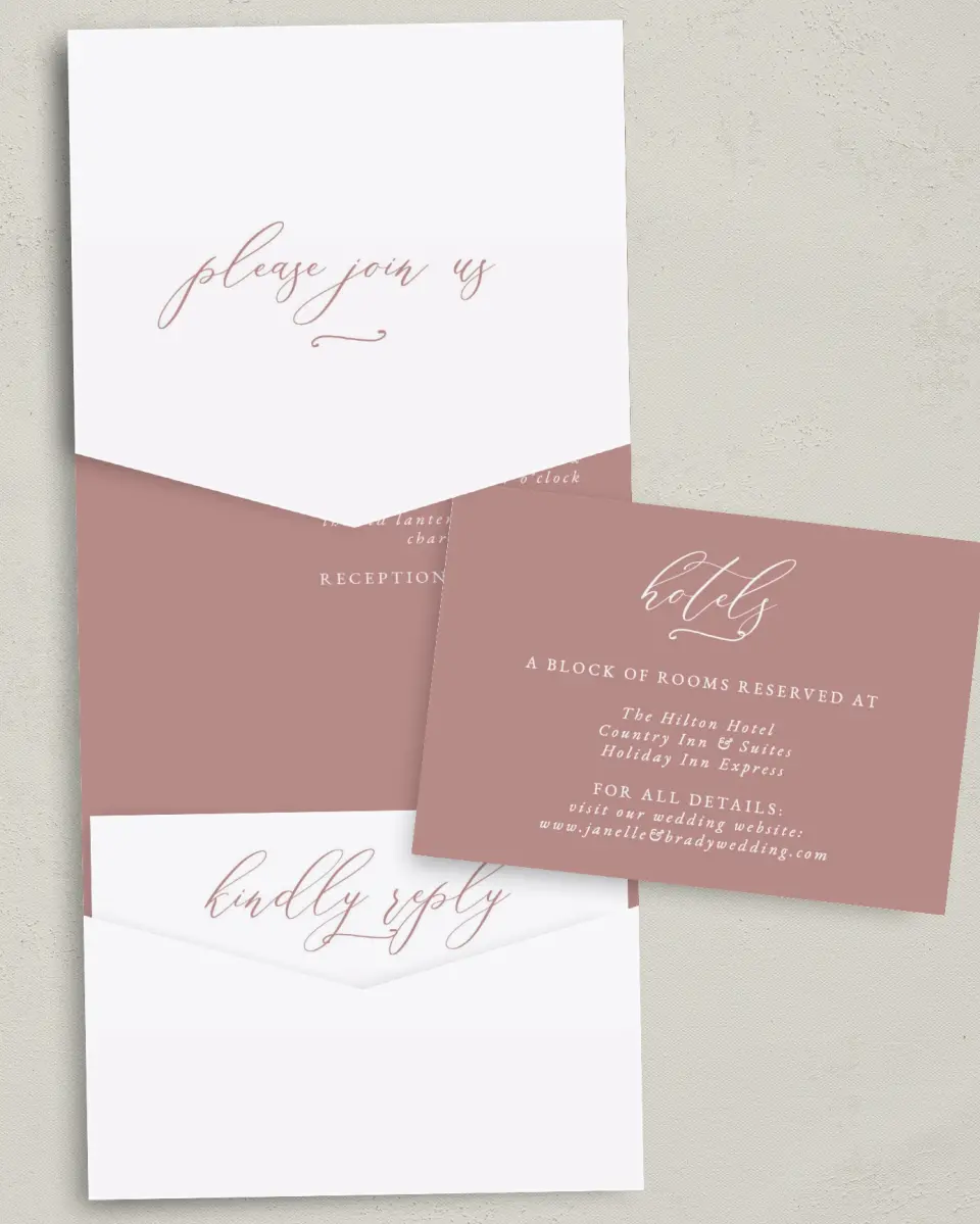 This is a 5¼" x 7¼" Folded Pocket Wedding Invitation called Modern Whisper printed in full color with Gold foil on Luxe Satin (coated) paper