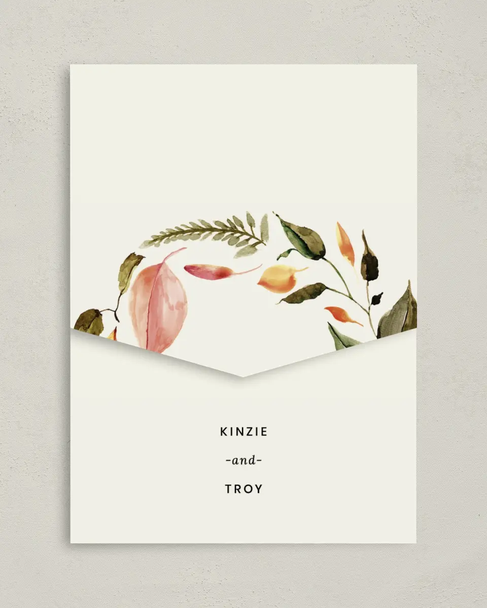 This is a 5¼" x 7¼" Folded Pocket Wedding Invitation called Faintly Fall printed in full color on Premium Smooth paper