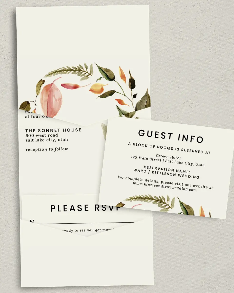 This is a 5¼" x 7¼" Folded Pocket Wedding Invitation called Faintly Fall printed in full color with Gold foil on Luxe Satin (coated) paper