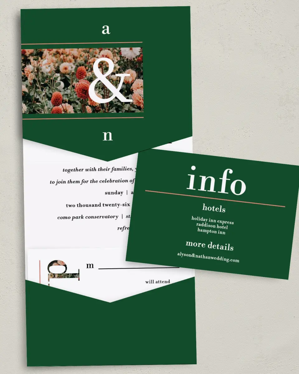 This is a 5¼" x 7¼" Folded Pocket Wedding Invitation called Dreamy Meadows printed in full color with Gold foil on Luxe Satin (coated) paper