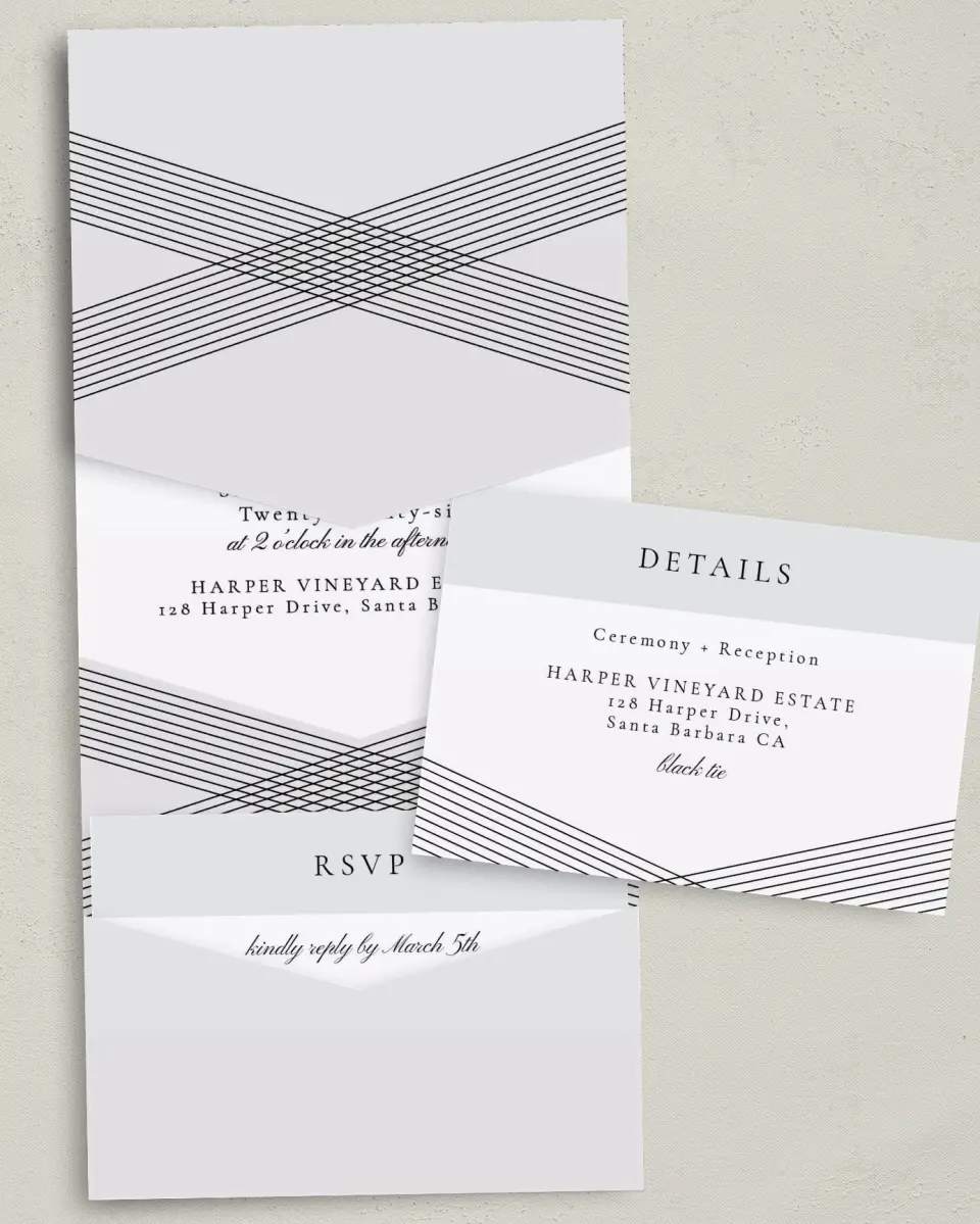 This is a 5¼" x 7¼" Folded Pocket Wedding Invitation called Dearest Lines printed in full color with Gold foil on Luxe Satin (coated) paper