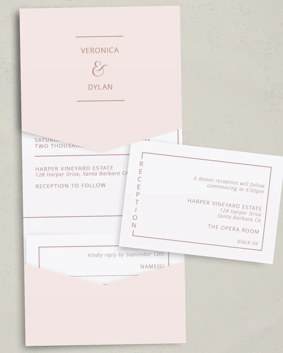 This is a 5¼" x 7¼" Folded Pocket Wedding Invitation called Neat Arrangement printed in full color with Gold foil on Luxe Satin (coated) paper