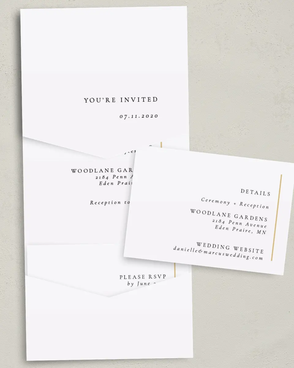 This is a 5¼" x 7¼" Folded Pocket Wedding Invitation called Laughing Hearts printed in full color with Gold foil on Luxe Satin (coated) paper