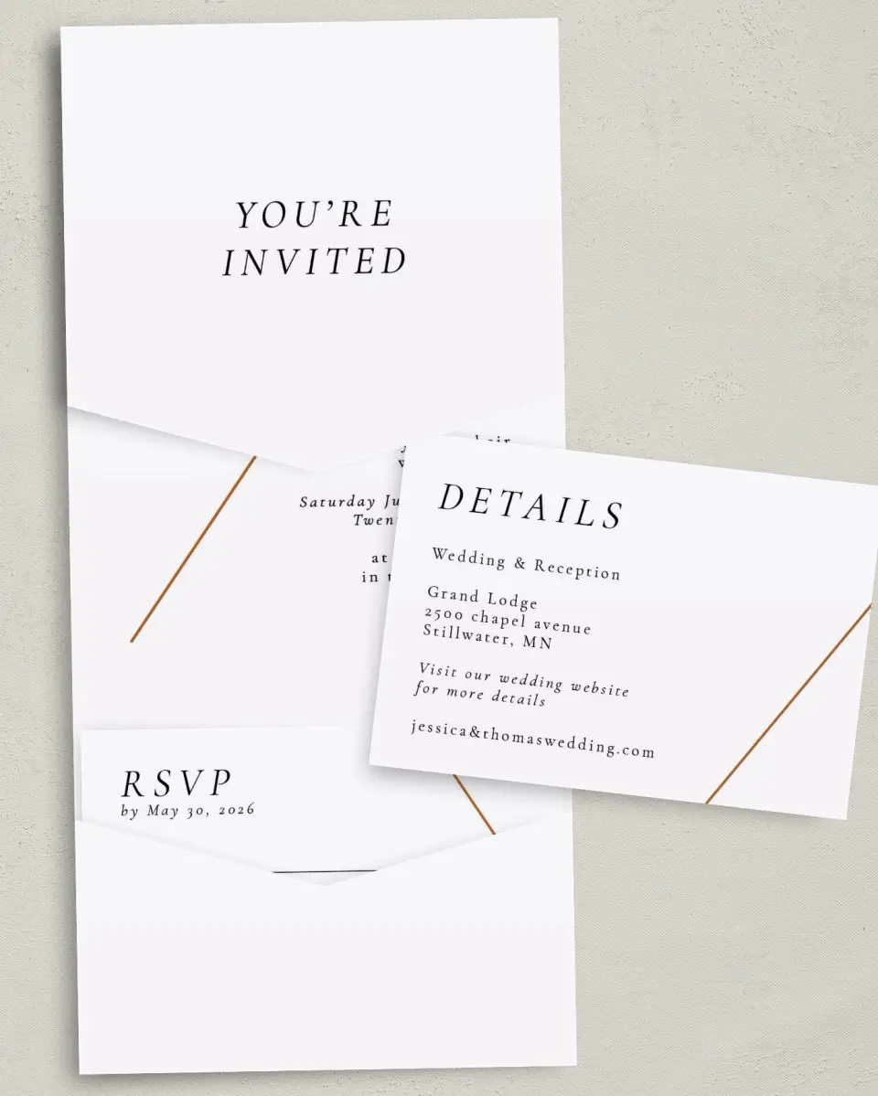 This is a 5¼" x 7¼" Folded Pocket Wedding Invitation called Sneek Peek printed in full color with Gold foil on Luxe Satin (coated) paper