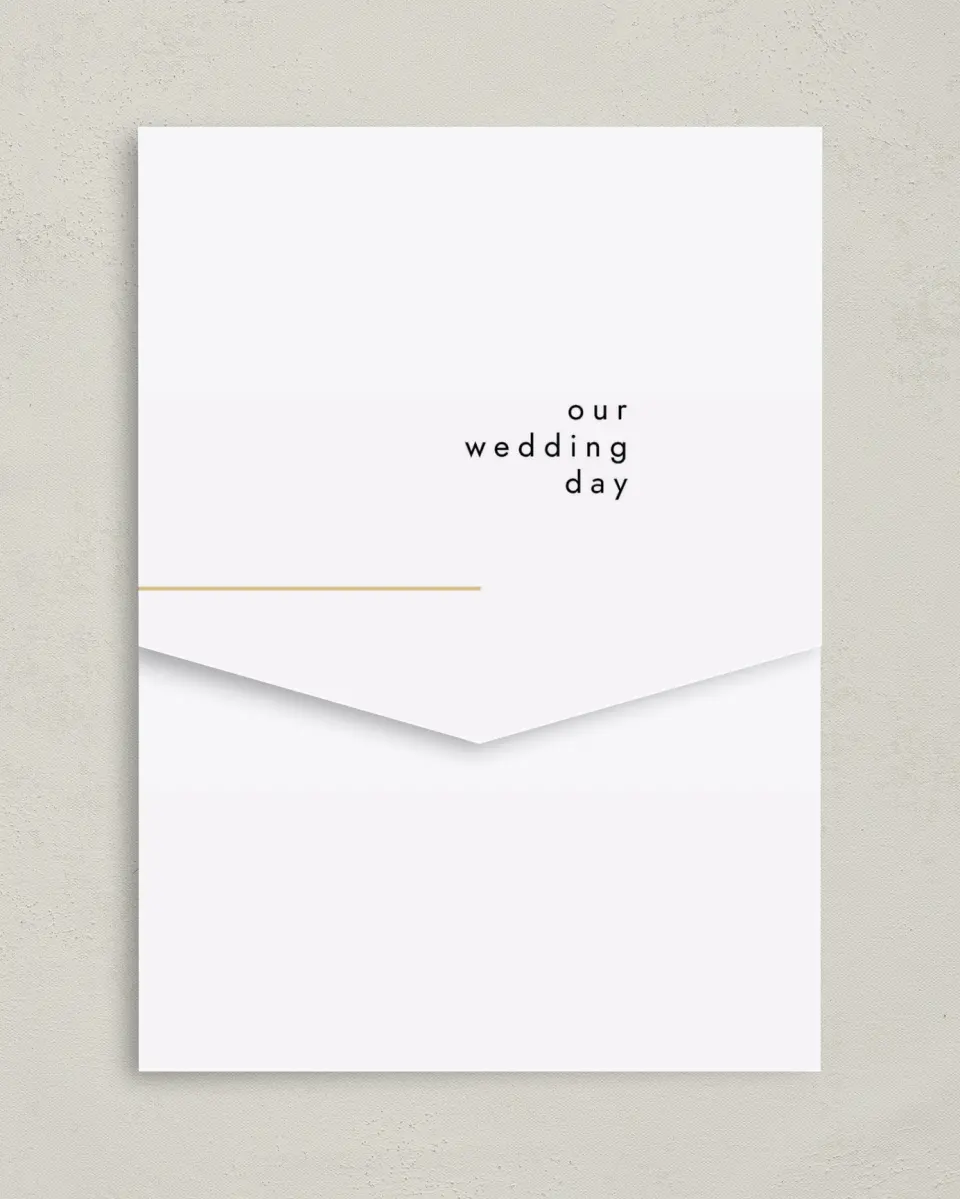This is a 5¼" x 7¼" Folded Pocket Wedding Invitation called The Proposal printed in full color on Premium Smooth paper