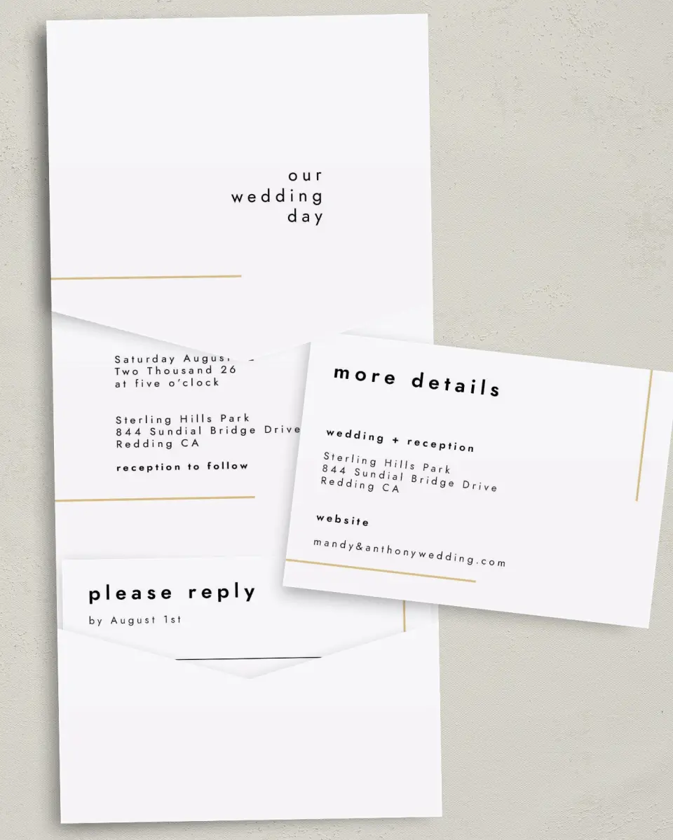 This is a 5¼" x 7¼" Folded Pocket Wedding Invitation called The Proposal printed in full color with Gold foil on Luxe Satin (coated) paper