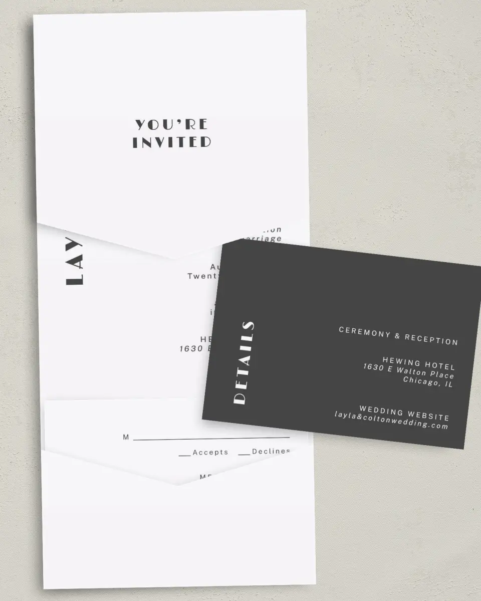 This is a 5¼" x 7¼" Folded Pocket Wedding Invitation called Boldy Forward printed in full color with Gold foil on Luxe Satin (coated) paper