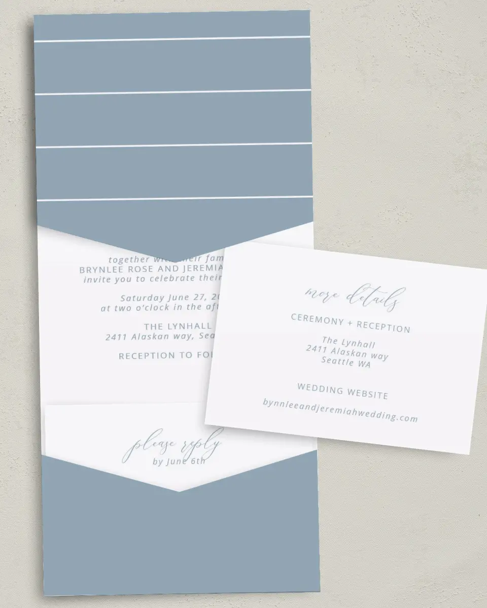 This is a 5¼" x 7¼" Folded Pocket Wedding Invitation called Simple Embrace printed in full color with Gold foil on Luxe Satin (coated) paper