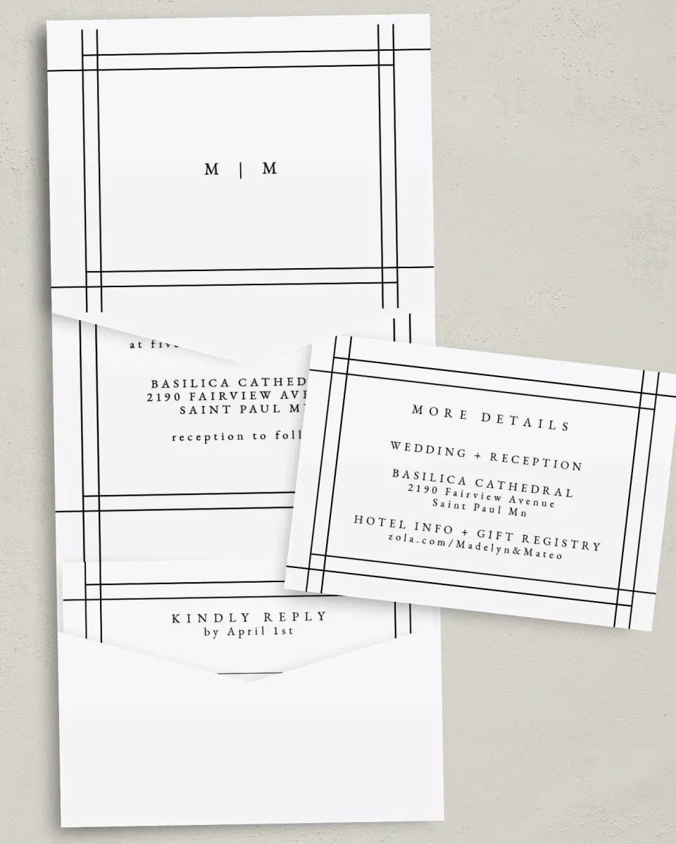 This is a 5¼" x 7¼" Folded Pocket Wedding Invitation called Mod Frame printed in full color with Gold foil on Luxe Satin (coated) paper