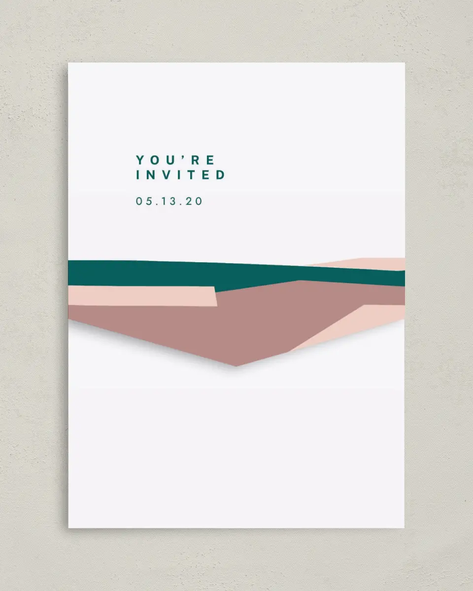 This is a 5¼" x 7¼" Folded Pocket Wedding Invitation called Shaped Love printed in full color on Premium Smooth paper