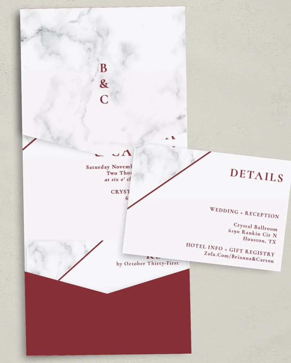 This is a 5¼" x 7¼" Folded Pocket Wedding Invitation called Bold Banner printed in full color with Gold foil on Luxe Satin (coated) paper