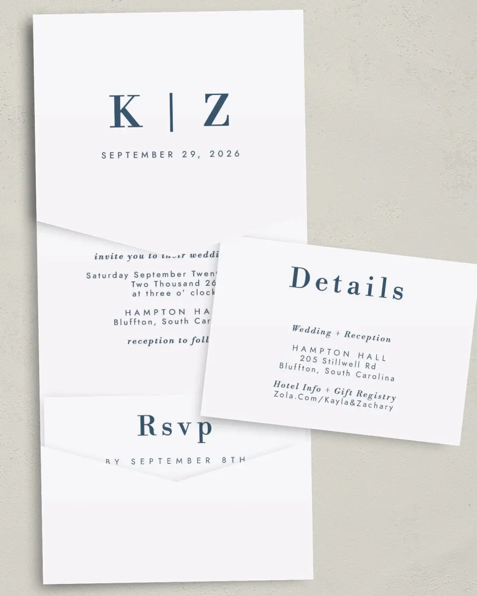 This is a 5¼" x 7¼" Folded Pocket Wedding Invitation called Perfect Picture printed in full color with Gold foil on Luxe Satin (coated) paper