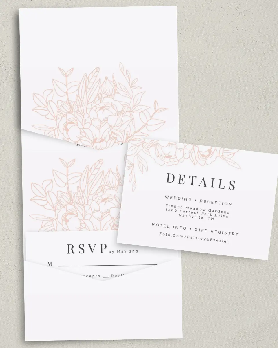This is a 5¼" x 7¼" Folded Pocket Wedding Invitation called Floral Outline printed in full color with Gold foil on Luxe Satin (coated) paper