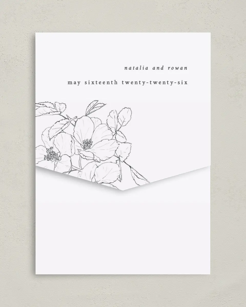 This is a 5¼" x 7¼" Folded Pocket Wedding Invitation called Hibiscus Hideaway printed in full color on Premium Smooth paper