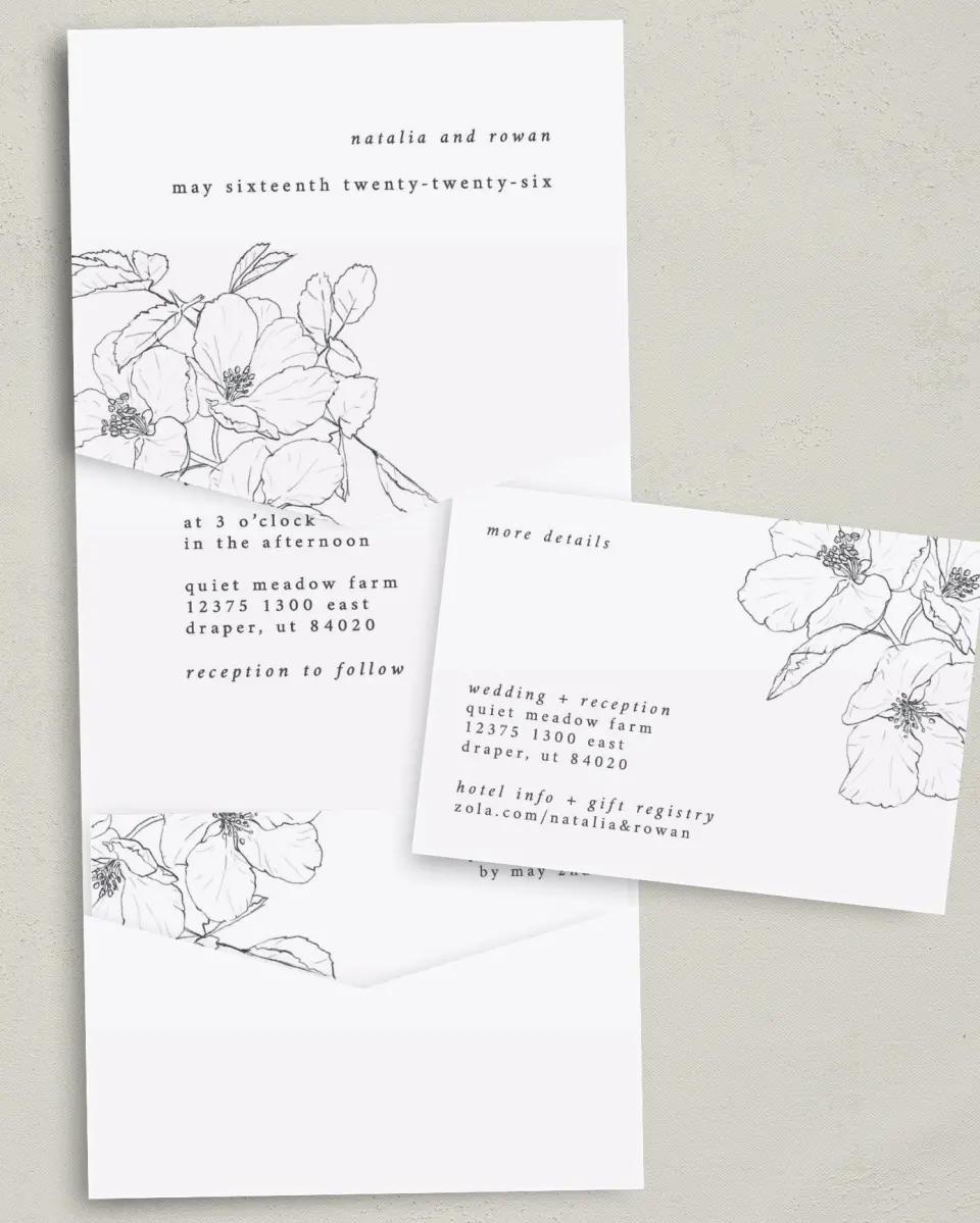 This is a 5¼" x 7¼" Folded Pocket Wedding Invitation called Hibiscus Hideaway printed in full color with Gold foil on Luxe Satin (coated) paper