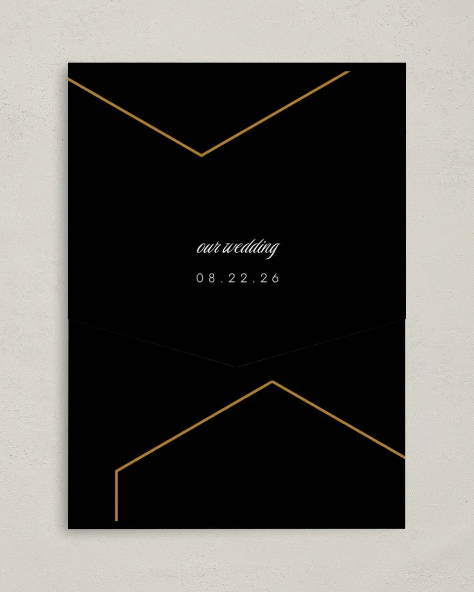 This is a 5¼" x 7¼" Folded Pocket Wedding Invitation called Love's Ribbon printed in full color on Premium Smooth paper