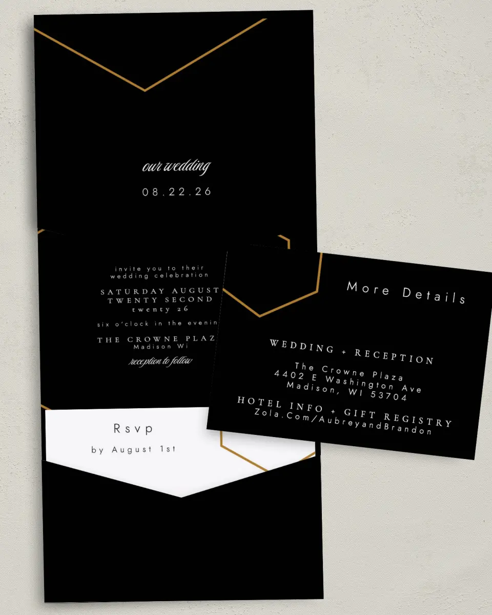 This is a 5¼" x 7¼" Folded Pocket Wedding Invitation called Love's Ribbon printed in full color with Gold foil on Luxe Satin (coated) paper