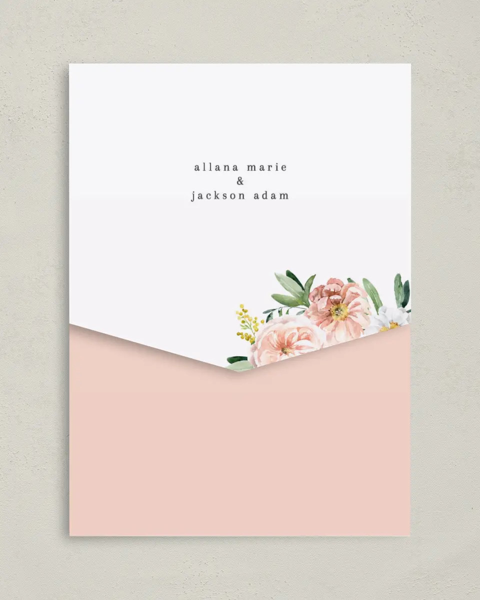 This is a 5¼" x 7¼" Folded Pocket Wedding Invitation called Delicate Florals printed in full color on Premium Smooth paper