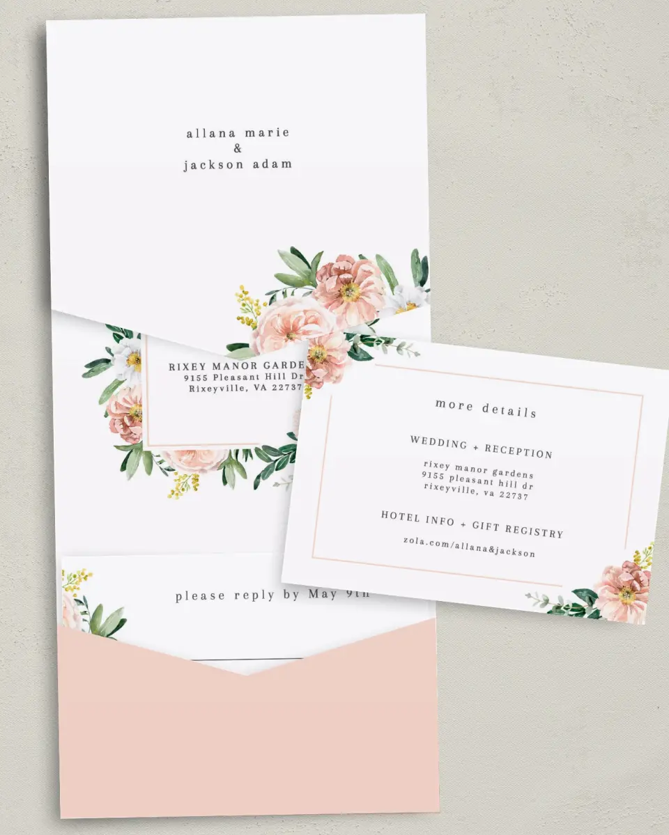 This is a 5¼" x 7¼" Folded Pocket Wedding Invitation called Delicate Florals printed in full color with Gold foil on Luxe Satin (coated) paper