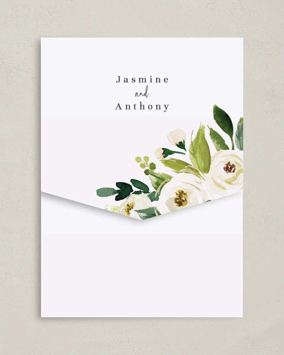 This is a 5¼" x 7¼" Folded Pocket Wedding Invitation called Wedding Florals printed in full color on Premium Smooth paper