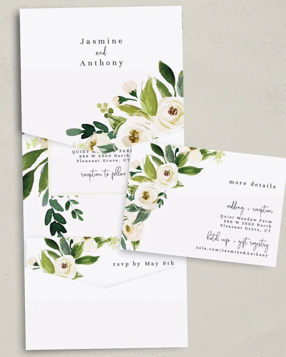 This is a 5¼" x 7¼" Folded Pocket Wedding Invitation called Wedding Florals printed in full color with Gold foil on Luxe Satin (coated) paper