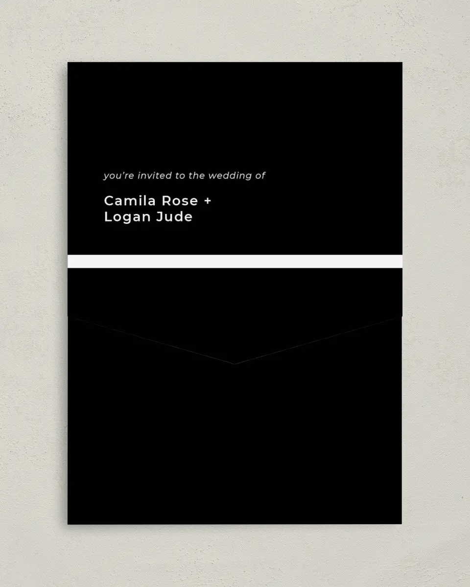 This is a 5¼" x 7¼" Folded Pocket Wedding Invitation called Bold Heading printed in full color on Premium Smooth paper