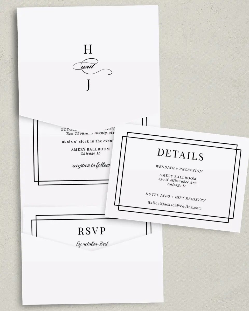 This is a 5¼" x 7¼" Folded Pocket Wedding Invitation called Because You're Mine printed in full color with Gold foil on Luxe Satin (coated) paper