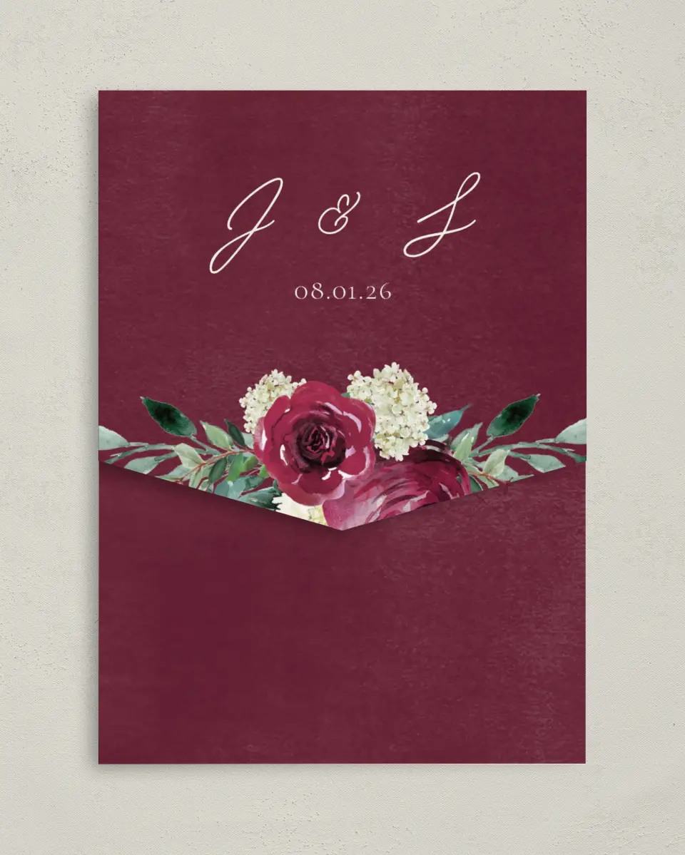 This is a 5¼" x 7¼" Folded Pocket Wedding Invitation called Floral Touch printed in full color on Premium Smooth paper