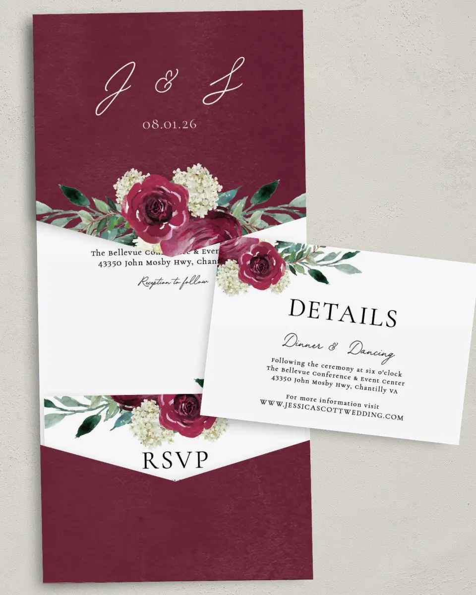 This is a 5¼" x 7¼" Folded Pocket Wedding Invitation called Floral Touch printed in full color with Gold foil on Luxe Satin (coated) paper