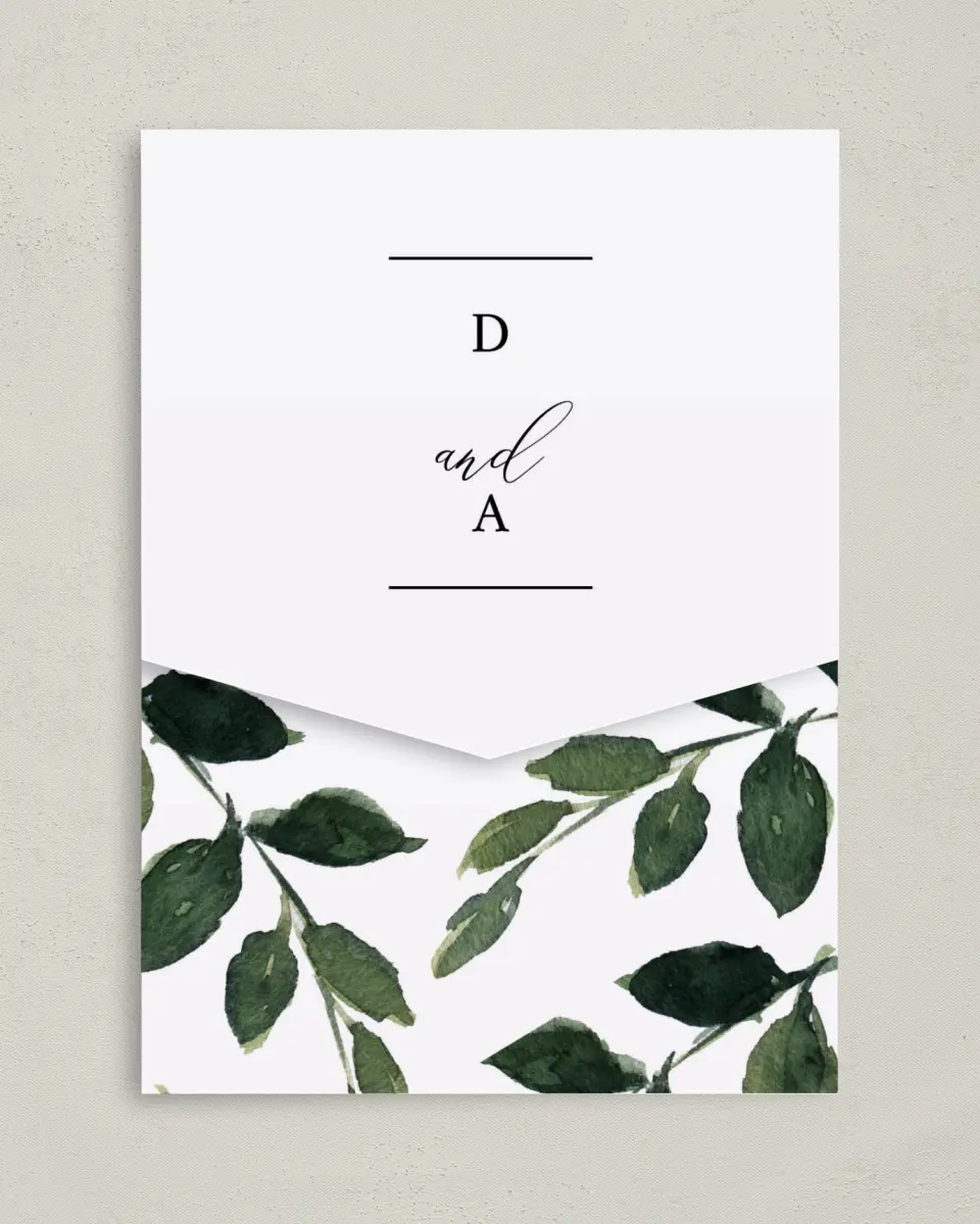This is a 5¼" x 7¼" Folded Pocket Wedding Invitation called All for Love printed in full color on Premium Smooth paper