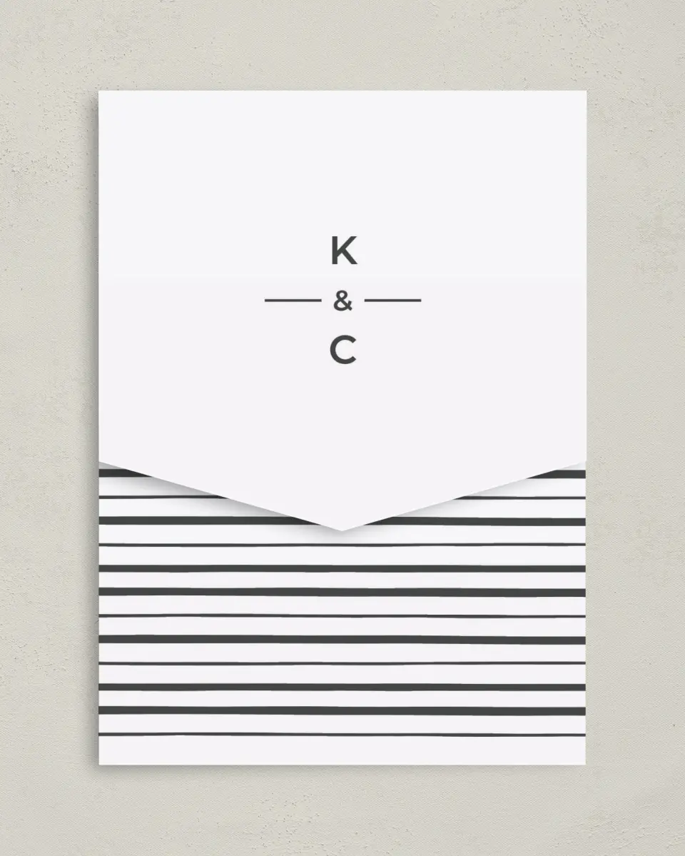This is a 5¼" x 7¼" Folded Pocket Wedding Invitation called Love on the Line printed in full color on Premium Smooth paper