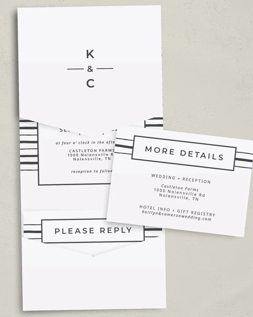This is a 5¼" x 7¼" Folded Pocket Wedding Invitation called Love on the Line printed in full color with Gold foil on Luxe Satin (coated) paper