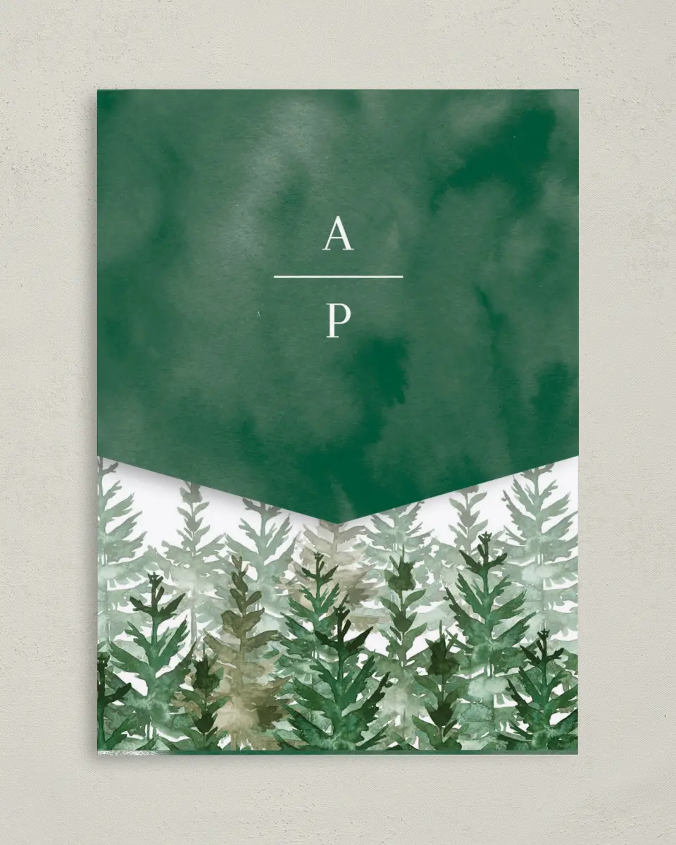 This is a 5¼" x 7¼" Folded Pocket Wedding Invitation called Ethereal Evergreens printed in full color on Premium Smooth paper