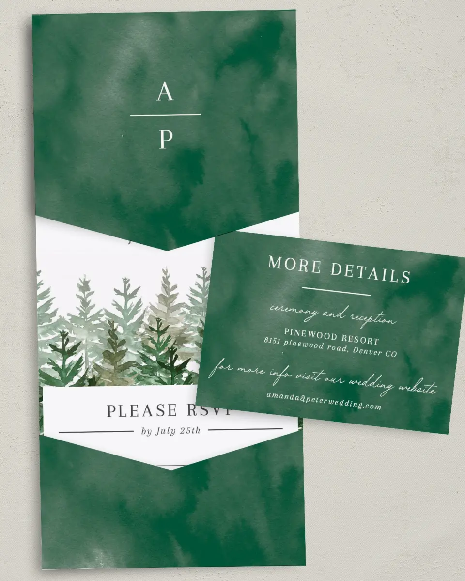 This is a 5¼" x 7¼" Folded Pocket Wedding Invitation called Ethereal Evergreens printed in full color with Gold foil on Luxe Satin (coated) paper