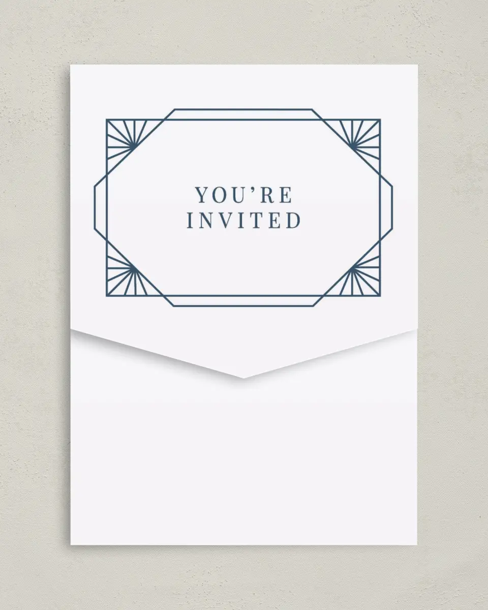 This is a 5¼" x 7¼" Folded Pocket Wedding Invitation called Mod Deco printed in full color on Premium Smooth paper