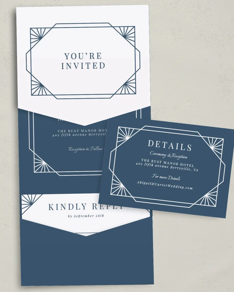 This is a 5¼" x 7¼" Folded Pocket Wedding Invitation called Mod Deco printed in full color with Gold foil on Luxe Satin (coated) paper