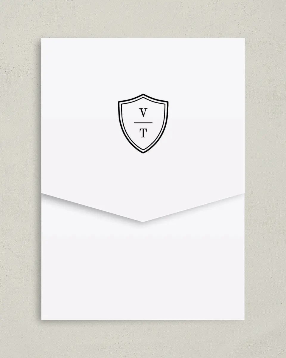 This is a 5¼" x 7¼" Folded Pocket Wedding Invitation called Shield of Love printed in full color on Premium Smooth paper