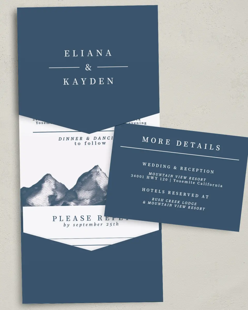 This is a 5¼" x 7¼" Folded Pocket Wedding Invitation called Perfect Peak printed in full color with Gold foil on Luxe Satin (coated) paper