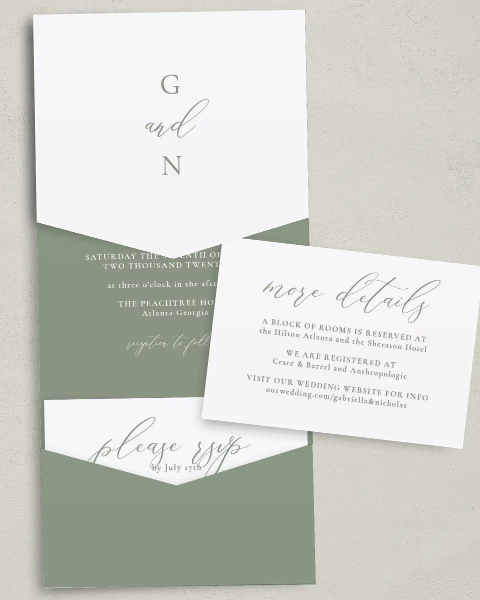 This is a 5¼" x 7¼" Folded Pocket Wedding Invitation called Minimalist Type printed in full color with Gold foil on Luxe Satin (coated) paper
